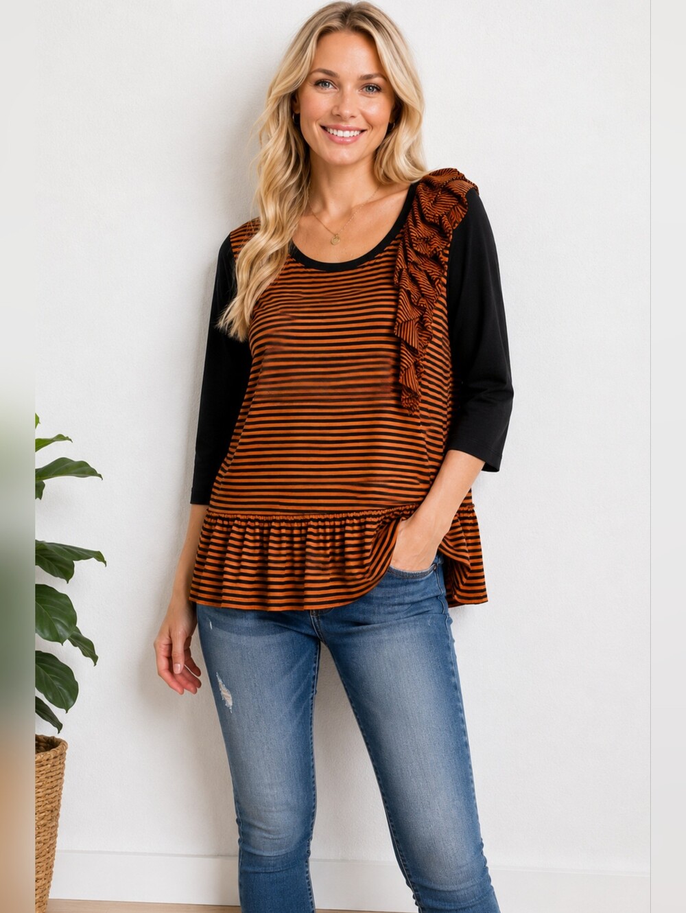 Tristan Black & Rust Striped Ruffle Peplum Top Size Large